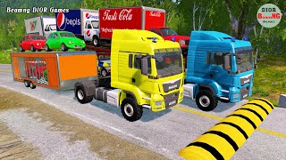 Double Flatbed Trailer Truck cars vs rails tractor vs train cars vs bollards Beamng Drive 314 screenshot 5
