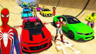 SPIDERMAN CARS MARIO Ramp JUMP Challenge ! SUPERHERO HULK IronMan Trevor and Friends Stunt - GTA V screenshot 5